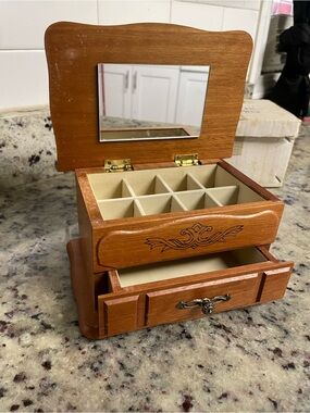 Vintage Wooden Jewelry Organizer Box with Mirror - Brown Jewel Case Mele Taiwan